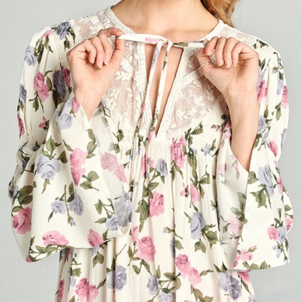 NEW Cream Pink Lilac Floral Lace Inset Tunic Top - Picture 6 of 12